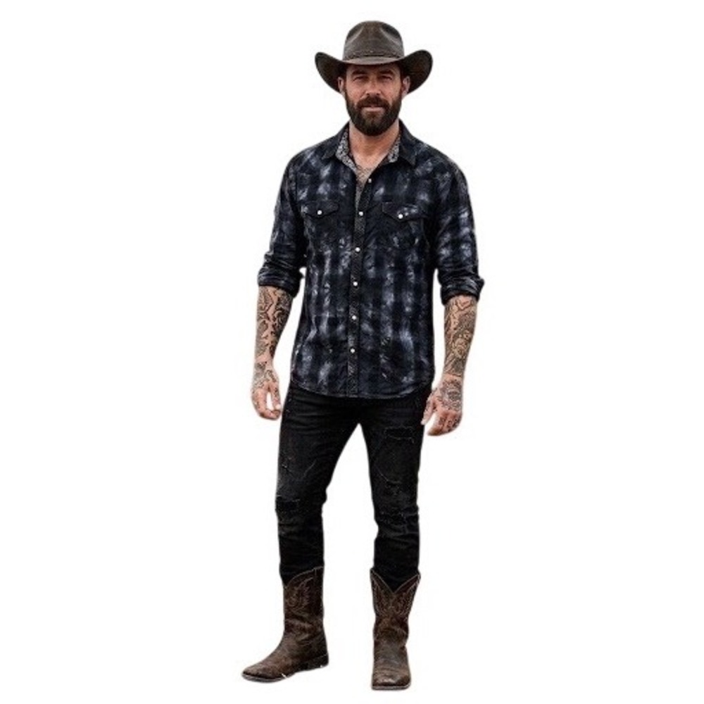 Age of Wisdom Mens XL Western Snap Shirt Tie‎ Dye Plaid Black Grey Paisley Yoke